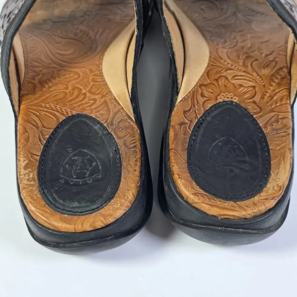 Ariat Womens Sandals Thong Flip Flop Size 9B Brown Leather Embossed Slip On